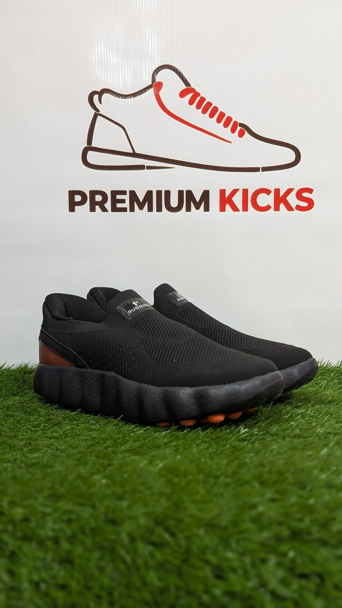 Black Slip-On Running Shoes with Brown Heel Accent