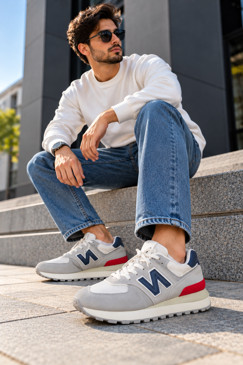 New Balance 574 White & Navy Sneakers
